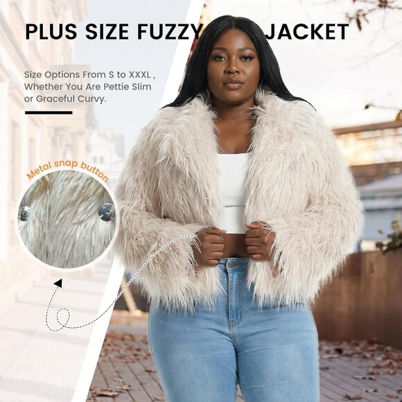 Women's Fur Coats Cropped Faux Fuzzy Warm Jacket Fluffy Fall Coat Apricot - Picture 5 of 5